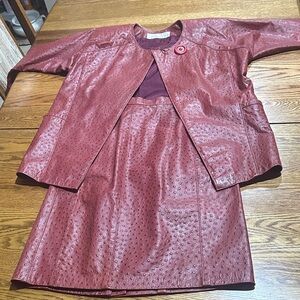 Red Leather Textured Skirt and Jacket Set